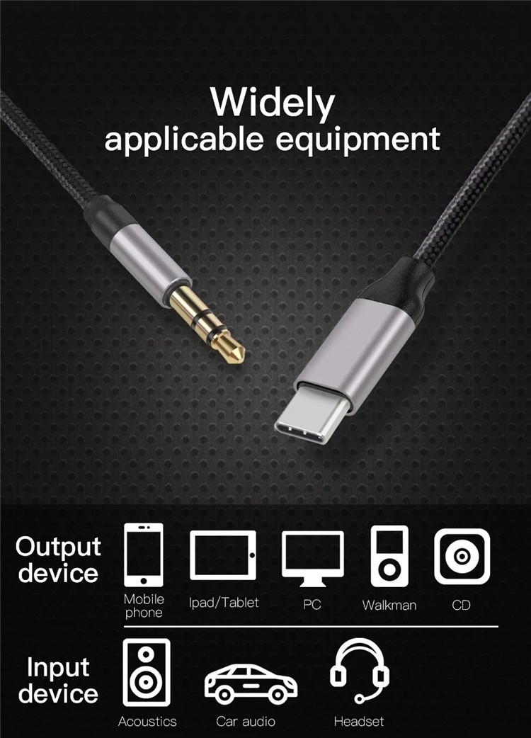 24g 100cm USB Charger Cable Type C to 3.5mm Audio Aux Jack Cable