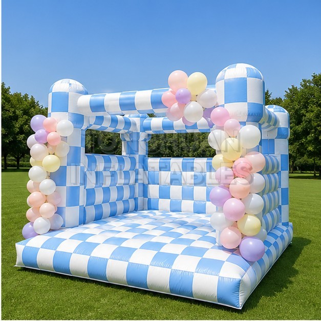 Luxury White Inflatable Bounce House with Elegant Pastel Checkerboard Design for Weddings Baby Showers Birthday Parties and Event Rentals