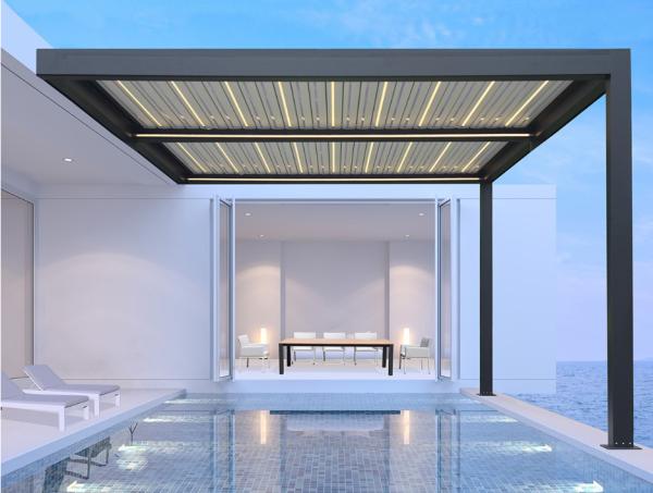 Telescopic Garden Aluminum Louvered Pergola 5.8m Bioclimatic 3000K Yellow