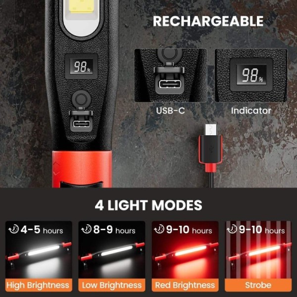 LED Magnetic Tape Double Hook Foldable Rotating Work Lamp Outdoor COB Flashlight Charging Long-lasting Emergency Light