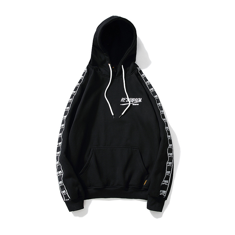 Arm Strap Embroidery Mens Oversized Pullover Hoodie With Hand Warming Pockets