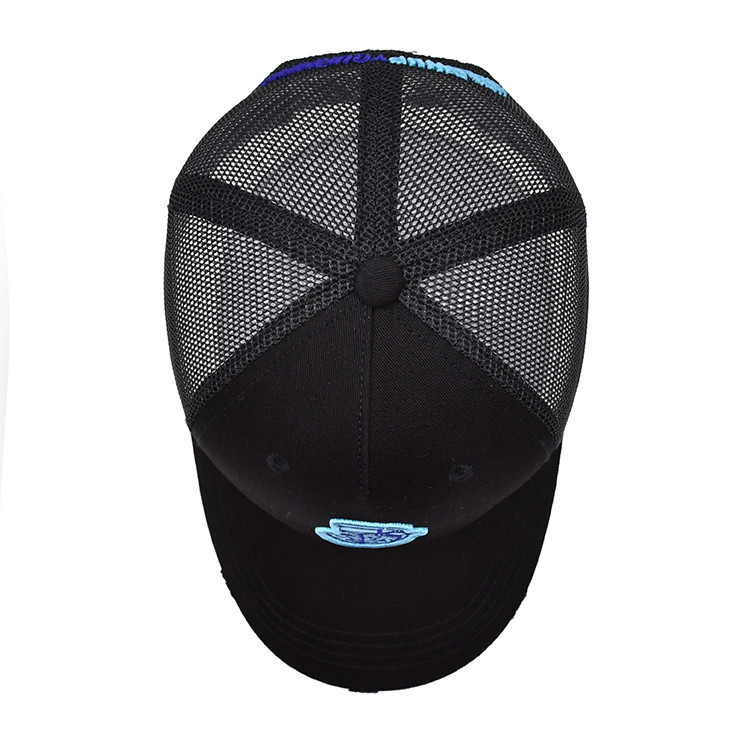 3D Embroidery Distressed Cotton Twill Trucker Hat Black Mesh Trucker Cap Pre curved Visor