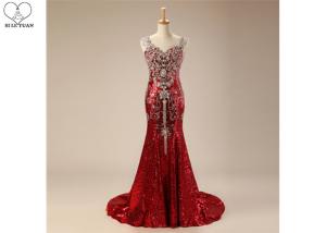 China Ladies Long Tail Gown Sleeveless Shiny Sequin Fabric Lace Beaded Red Carpet Wear wholesale