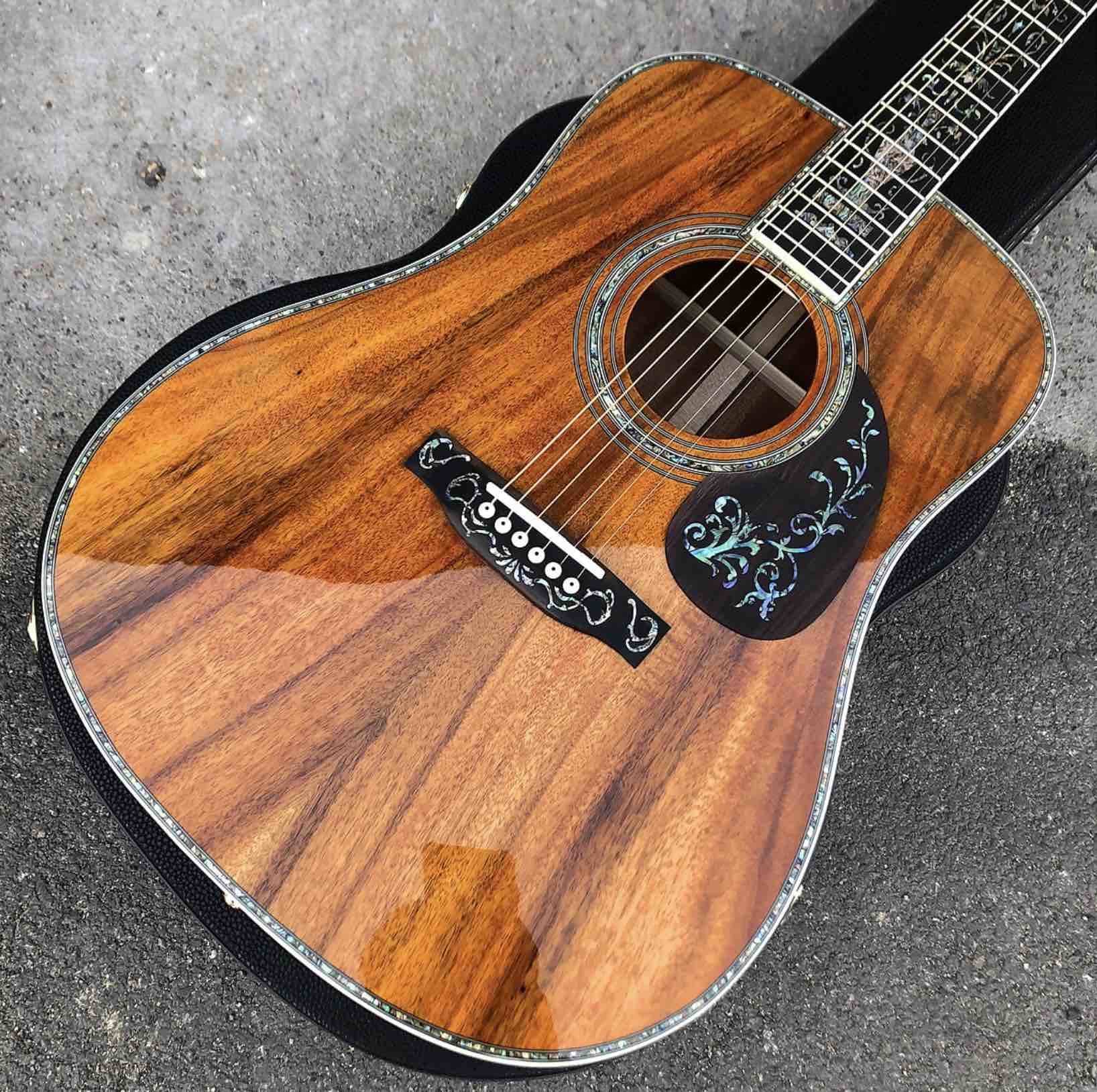 All KOA wood classic acoustic guitar,Flower Ebony Fingerboard,Real Abalone inlays and binding