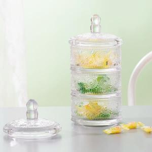 China Stackable Clear Glass Storage Jar 10 Inch 3 Tier Glass Candy Dish Machine Pressed wholesale