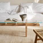Rectangle Oak Veneer Central Coffee Table Clear Glass Top Wood Coffee Table