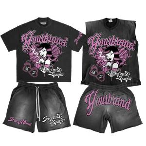China Custom Logo Acid Wash Hoodies Sweat Shorts Black Crop Top and Sleeveless Tank Top Set wholesale