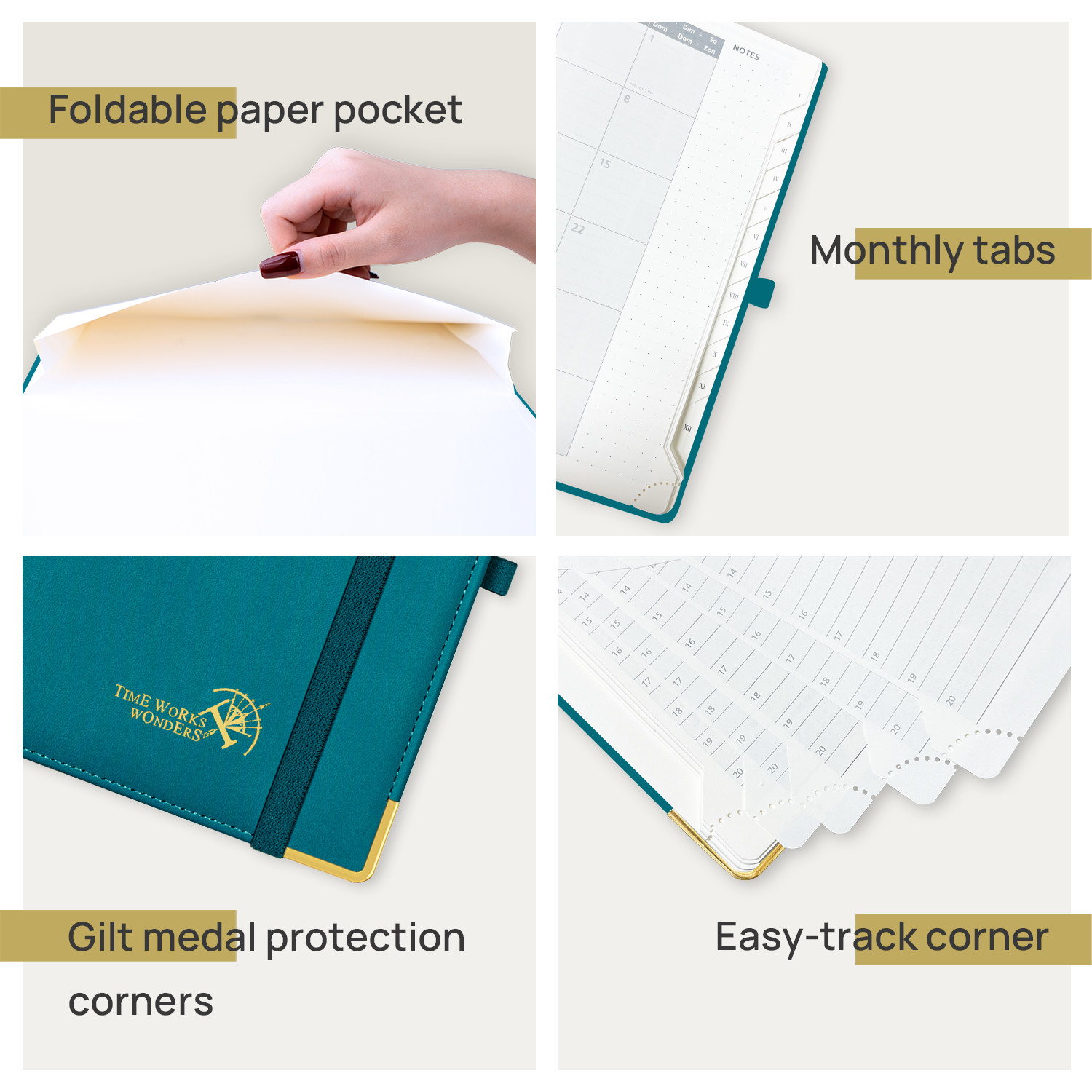 100GSM Ivory Paper 2 Page Weekly Planner Pacific Green PU Cover