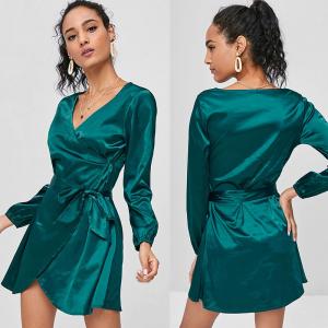China 2018 Fashion Fall Clothing Women Satin Wrap Dress Long Sleeve Mini wholesale