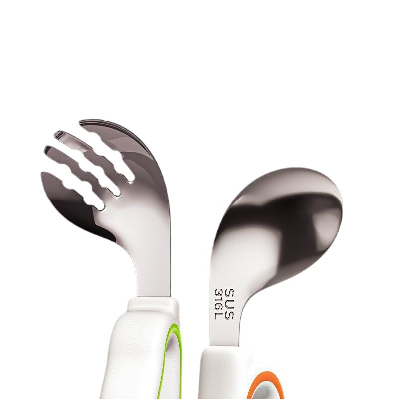 100% Food Grade Silicone Stainless Steel Baby Spoon Fork Set for Kid Feeding Training