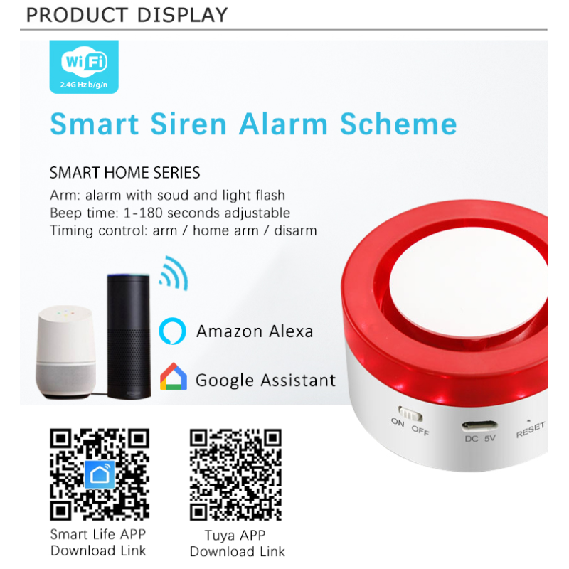 Tuya Voice Control Wireless Security Alarm System 120dB High Volume DC 5V 2A