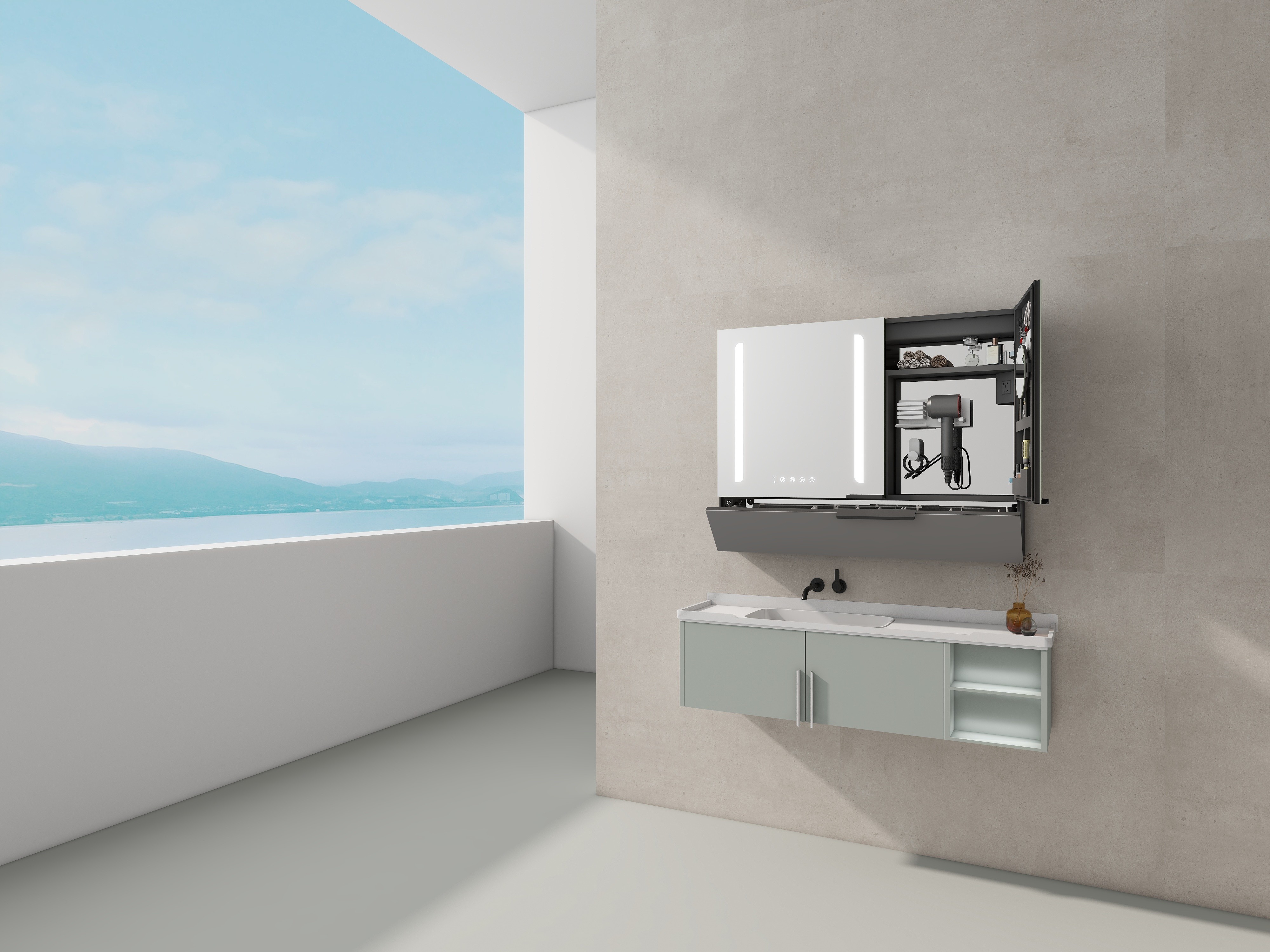 Smart Mirror Cabinet with Motion Sensor Switch Adjustable Color Temperature and Built-in Power Socket for hotel