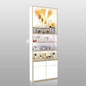 China Makeup Shop Rack White Wooden Skincare Cabinet With Light Box Cosmetic Display Shelf For Customized Shop Display Furniture And Compact Store Design wholesale