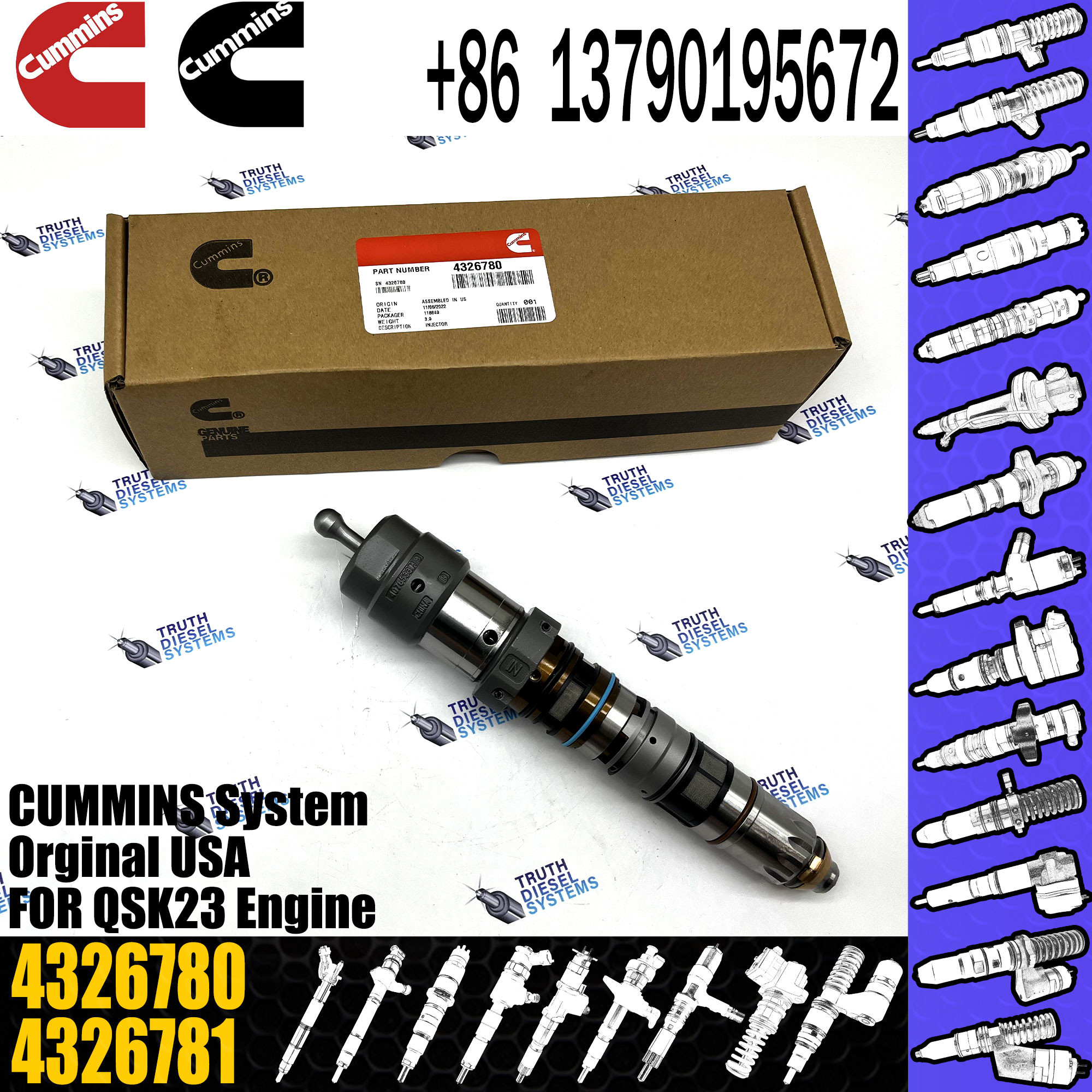QSK23 QSK45 QSK60 Diesel Engine Common Rail Injector 4902828 4088428 4326780 4326781 4928346