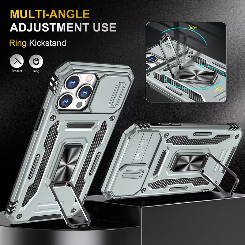 Kickstand Slide Camera Antishock Phone Back Cover For Iphone 13 14 Pro Max Phone Case With Ring Holder Lens Cover