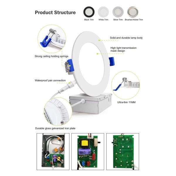 9W 12W 4inch 6 Inch 3CCT 5CCT Selectable Ultra-Thin LED Retrofit Recessed Ceiling Panel Down Light