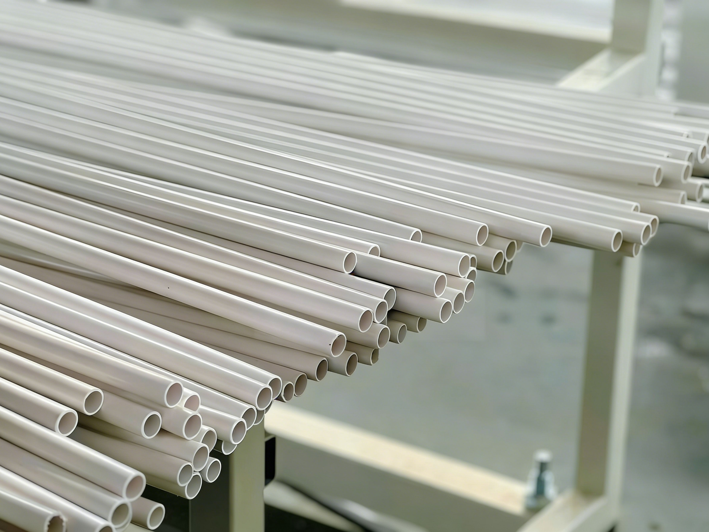 Close-up of PVC pipe production process