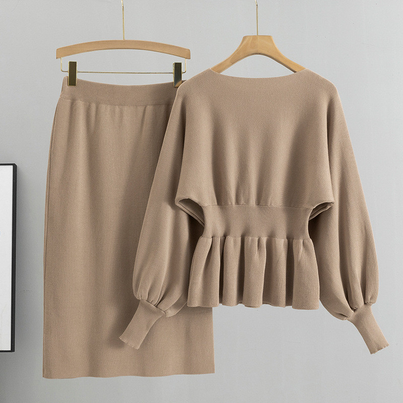 Stylish and Durable Women s Pullover in Polyester Perfect for Any Occasion Lantern long sleeved hip wrap skirt sets
