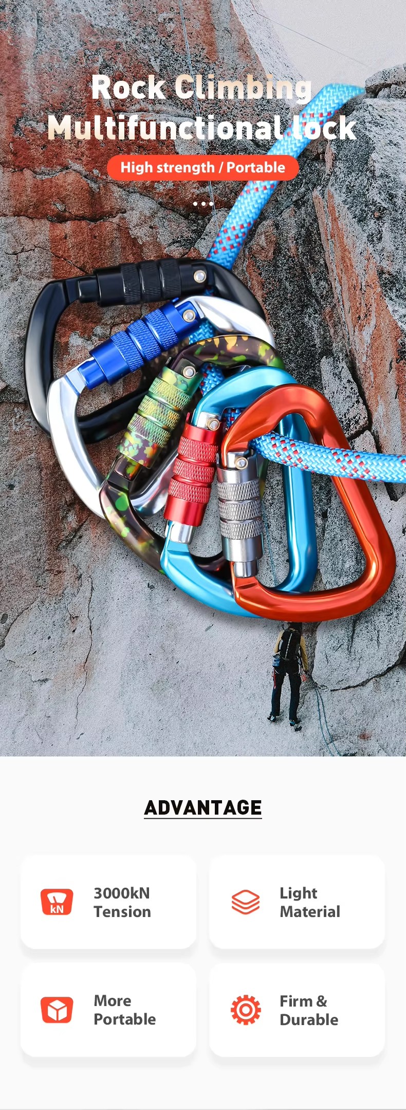 Aluminum 30KN D Shape Climbing Snap Hook Customized Outdoor Carabiner