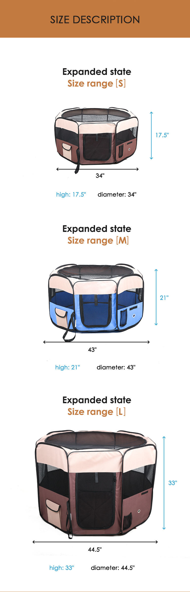 34"X43''X17.5" Custom Color Outdoor Soft Foldable Pet Portable Playpen