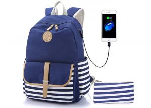 China Canvas Stripe Kids School Backpack Built In USB Charger Customized Logo wholesale