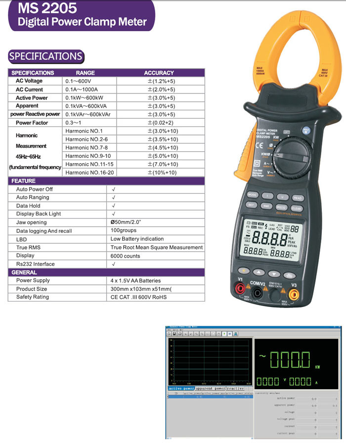 High Accuracy Digital Power Clamp Meter With 0.1 - 1000A Current Measurement Range
