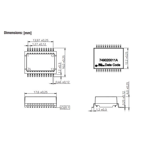 749020011A 1000Base-T Ethernet Transformer Surface Mounting