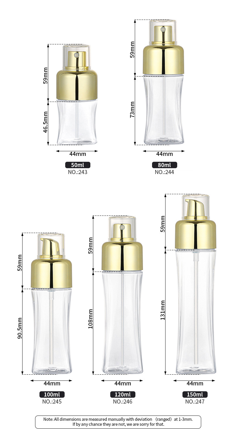 50ml 150ml Plastic Cosmetic Spray Bottle Golden Press Fine Mist Pump Sprayer