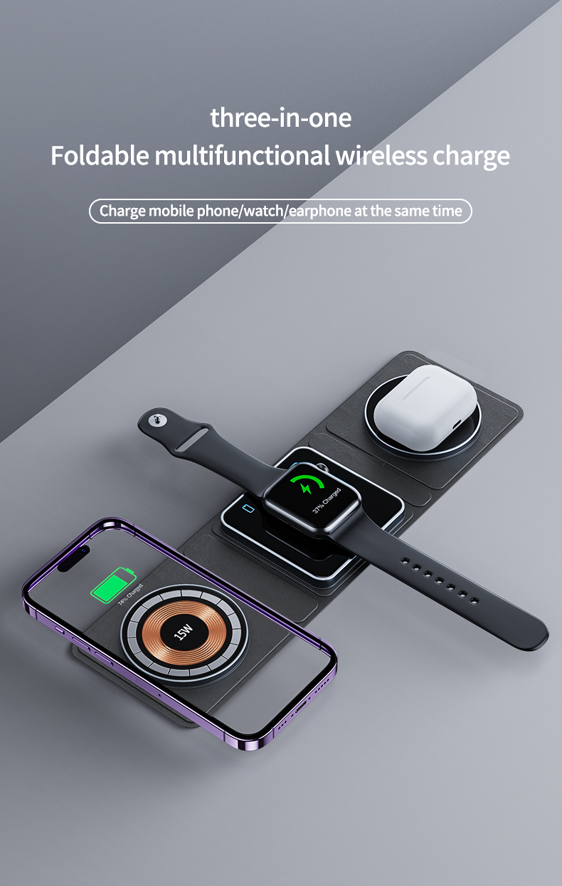 Black Foldable Wireless Charger Station 3 in 1 Charging for Phones iWatch and Airpods