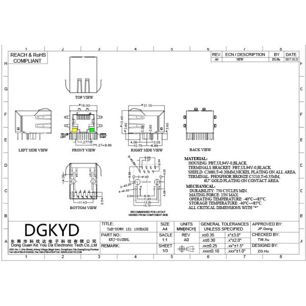 Shielded Magnetics Rj45 Pcb Connector With Integrated Transformer Customizable