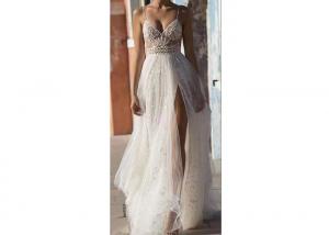 China Off White Sling High Slit Lace A Line Bridal Gowns With Many Beads wholesale