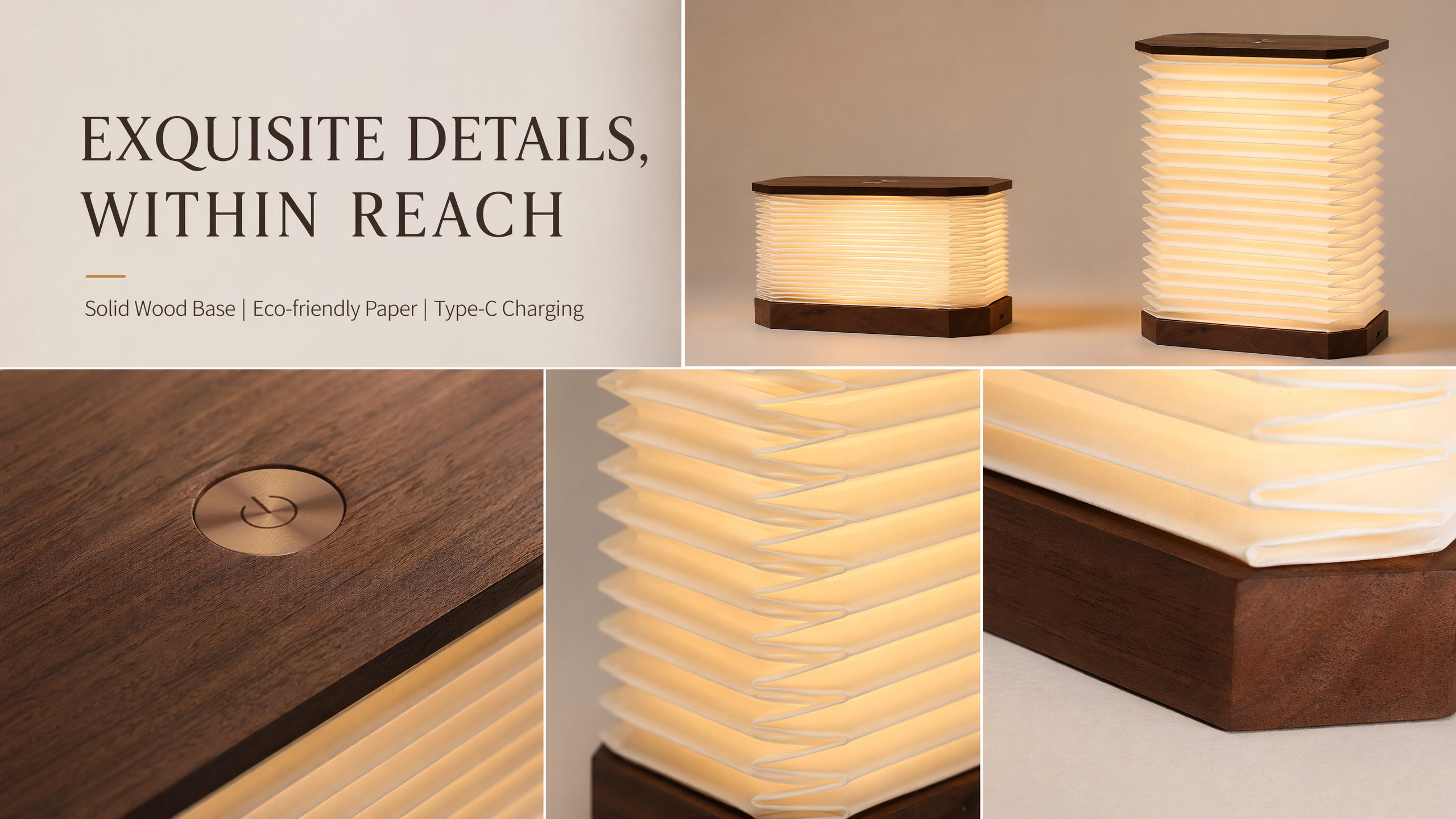 Solid Hardwood Base Rectangular Folding Paper Light Vertical Expandable Lamp with Premium Paper Shade USB Rechargeable