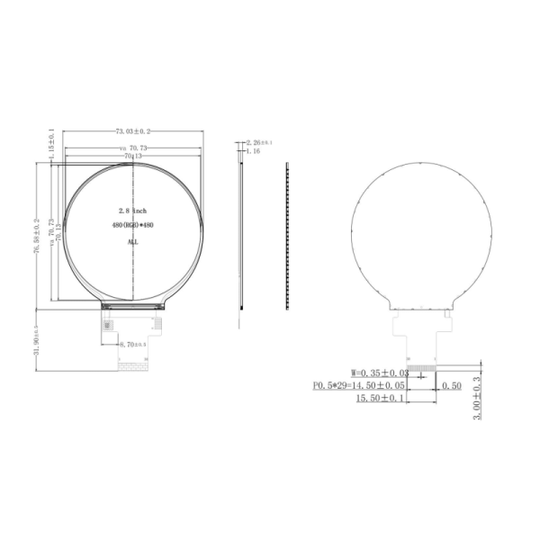 2.8 inch IPS Circular Touch TFT Display MIPI Interface LCD Module 480x480