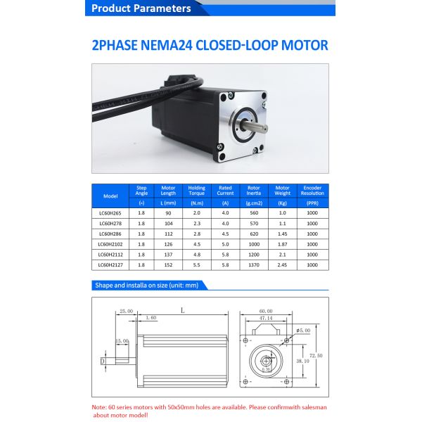 Lichuan DC Closed Loop Stepper Motor Drivers Kit 2.8N.m 2 Phase Nema24 DC24V~48V 4.5A 1000PPR