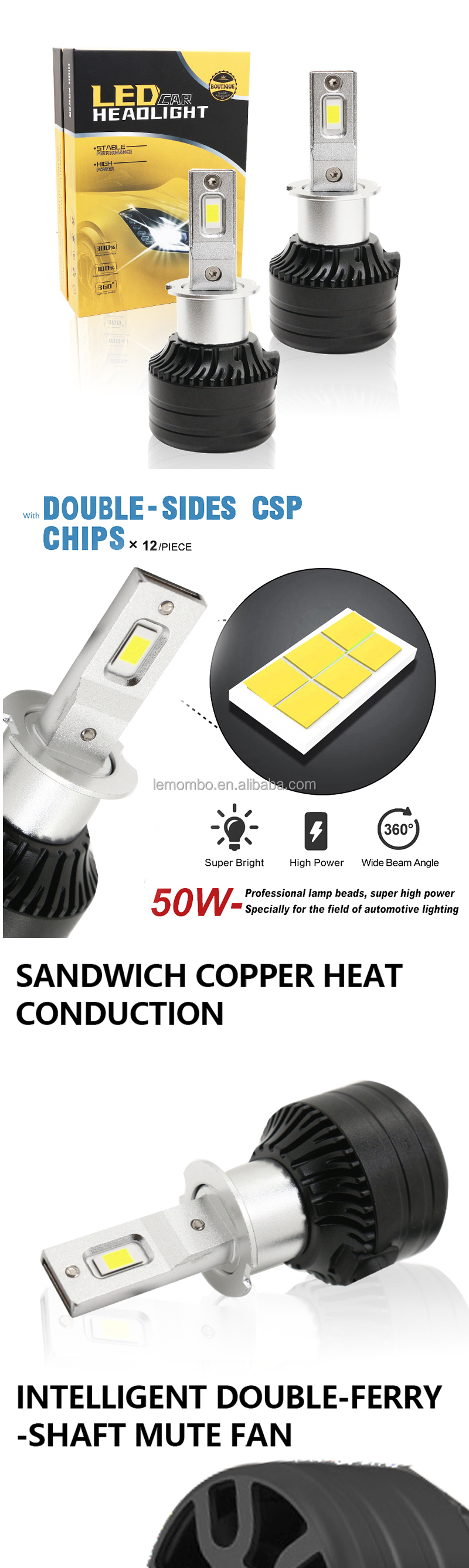 Car headlights H3 6500K 12-36V LED head light Bulb product system And the 3000LM 30W front fog lamp