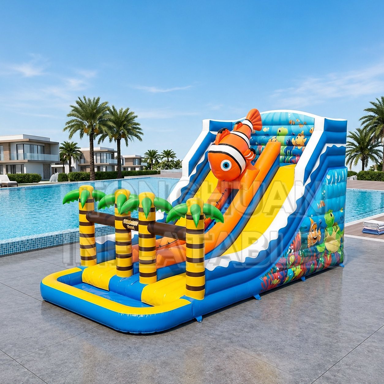 Ocean Theme Inflatable Water Slide with Clownfish Artwork for Kids Pools Resorts Parks and Rental Events