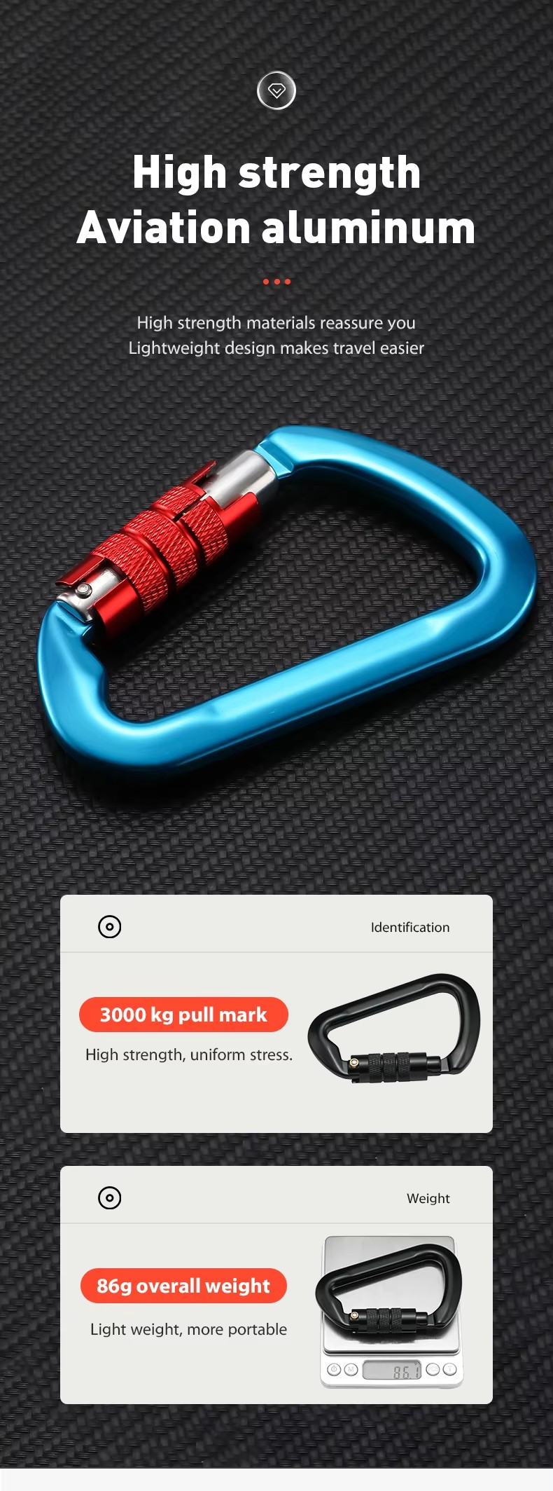 Aluminum 30KN D Shape Climbing Snap Hook Customized Outdoor Carabiner