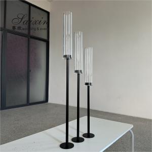 China Long Stem Hurricane Pillar Gold Wedding Candle Holder With Chimney Tubes 3pcs Set 80cm wholesale