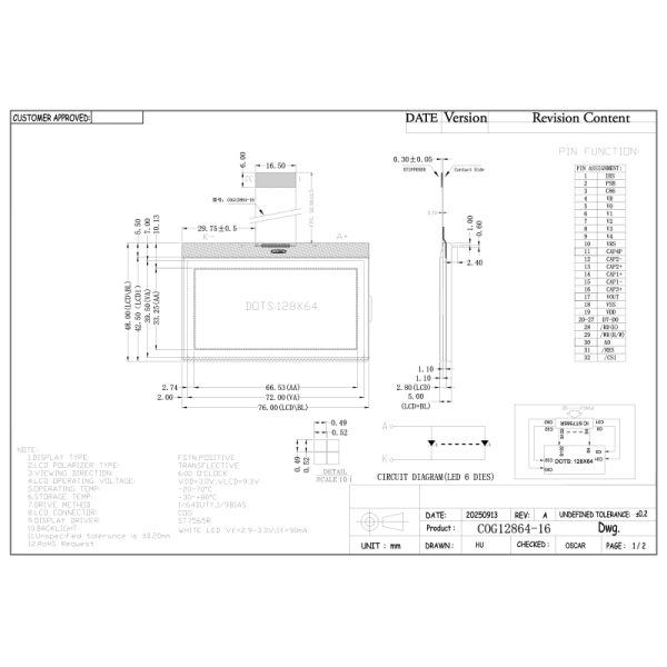 COG12864-16 128x64 Dots FSTN Transflective LCD Module with Wide Temperature Range for Industrial Display