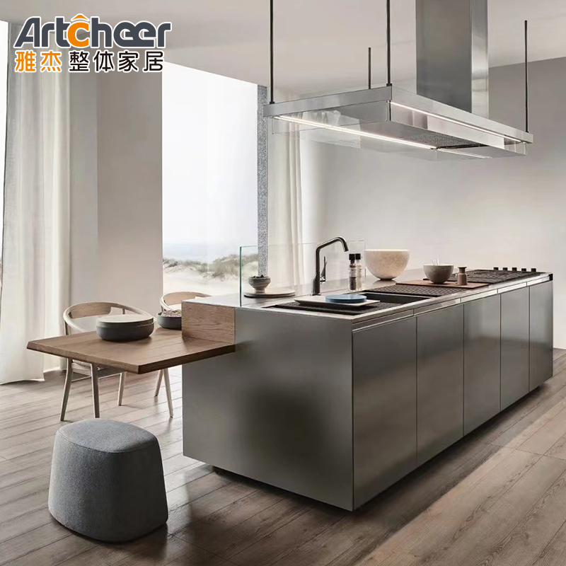 Minimalist Italian Design Stone Top Handles Solid Modern Wood Kitchen Cabinets Base Cabinet Doors
