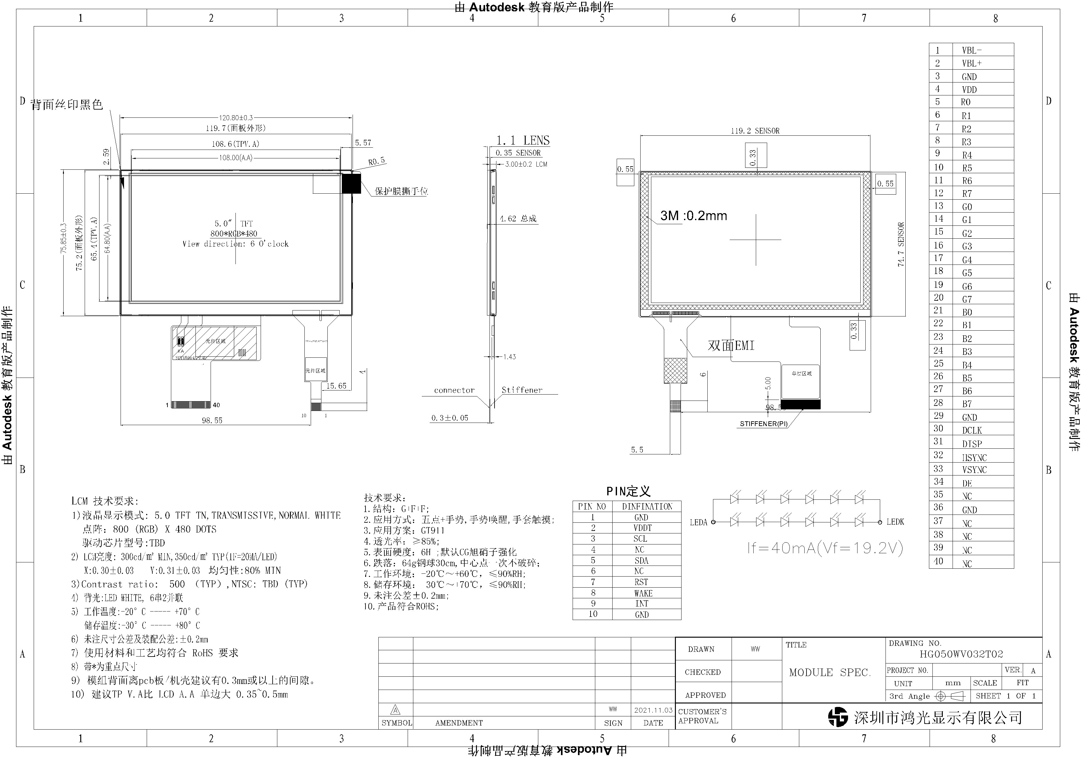 5.0 inch LCD Module, RGB interface, Standard Display, TN, 800x480