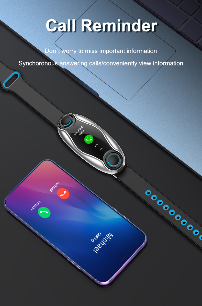 Magnetic Silicone Strap Smart Watch 0.96inch TFT Bracelet Wireless Bluetooth Earphone 2 In 1