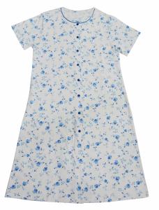 China Ladies Cotton Jersey Blue Floral Printed Button Through Nightdress Sleepwear with Blue Piping Button Satin Bows wholesale