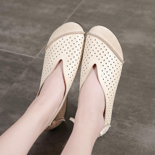 S061 Leather retro handmade stitching hit color flat hollow female shallow shoes