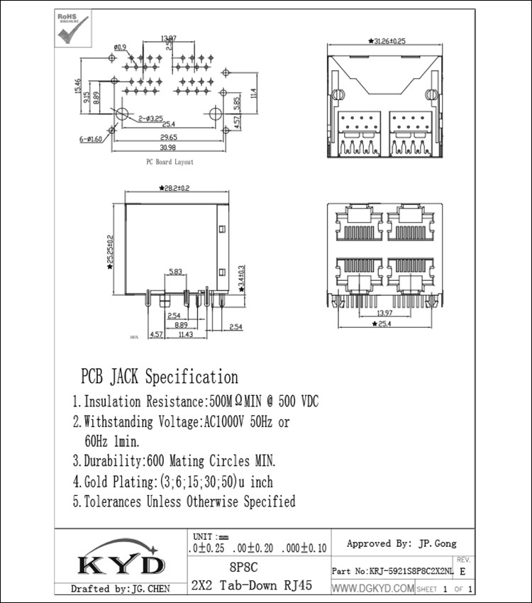 KRJ-5921S8P8C2X2NL Shielded Ethernet Rj45 Jack Stack Mj Assy 8pos 2x2 Cat5