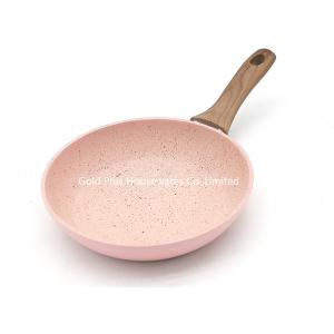 China Colorful Kitchenware Forged Frying Pan With Soft Touch Wooden Painting Handle on sale