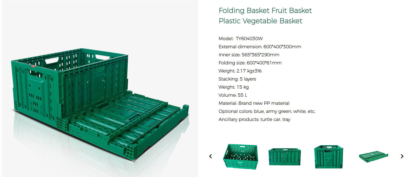 Green 600x400x300mm Folding PP Mesh Plastic Crate for Storing Fruits and Vegetables