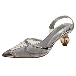 China 6111-3 Korean Fashion Pointed Shallow Mouth Transparent High Heels Sexy Rhinestone Sandals With A Back Empty Women'S Sho wholesale