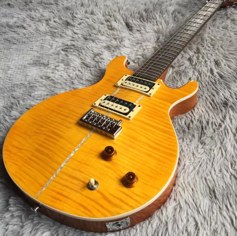 Custom Flamed Maple Top Electric Guitar with Bird Inlay and Chrome Hardware in Yellow PRS Santana Retro Orange​