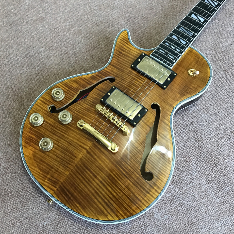 New high quality Custom LP left hand electric guitar, Ebony guitar, Flame Maple Top & Back, Double F hole, free shipping